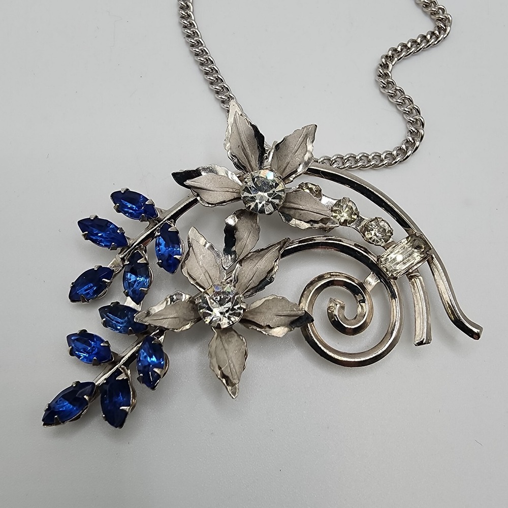 Cobalt Blue Rhinestone Floral Spray Silver Tone Pendant Brooch Retro Statement - Picture 8 of 16